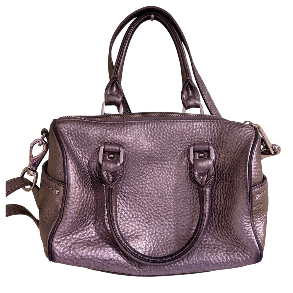Cole Haan Metallic Pewter Pebbled Leather Satchel Crossbody Bag Handbag
